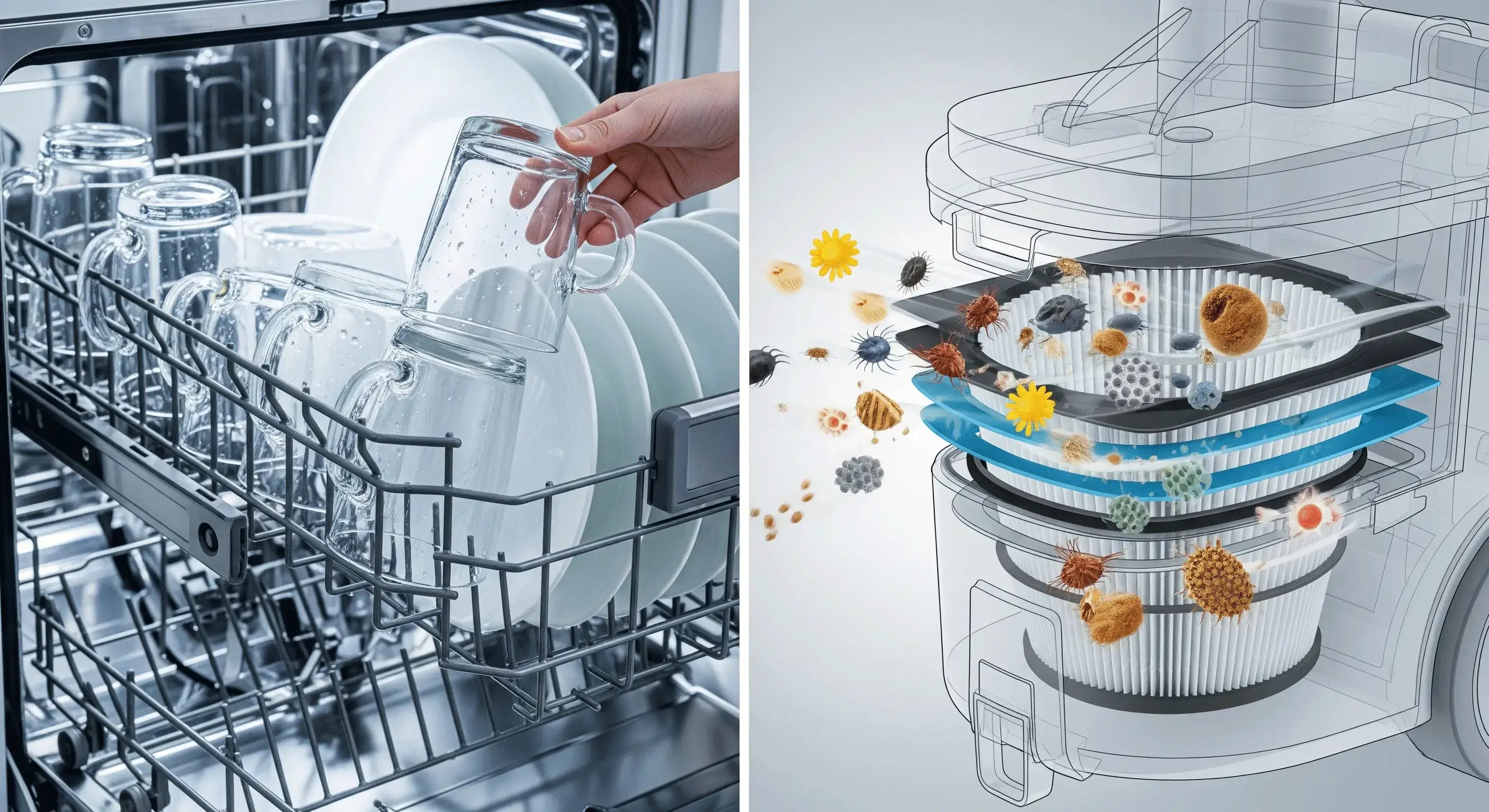 نمای داخلی ماشین ظرفشویی با ظروف تمیز و درخشان